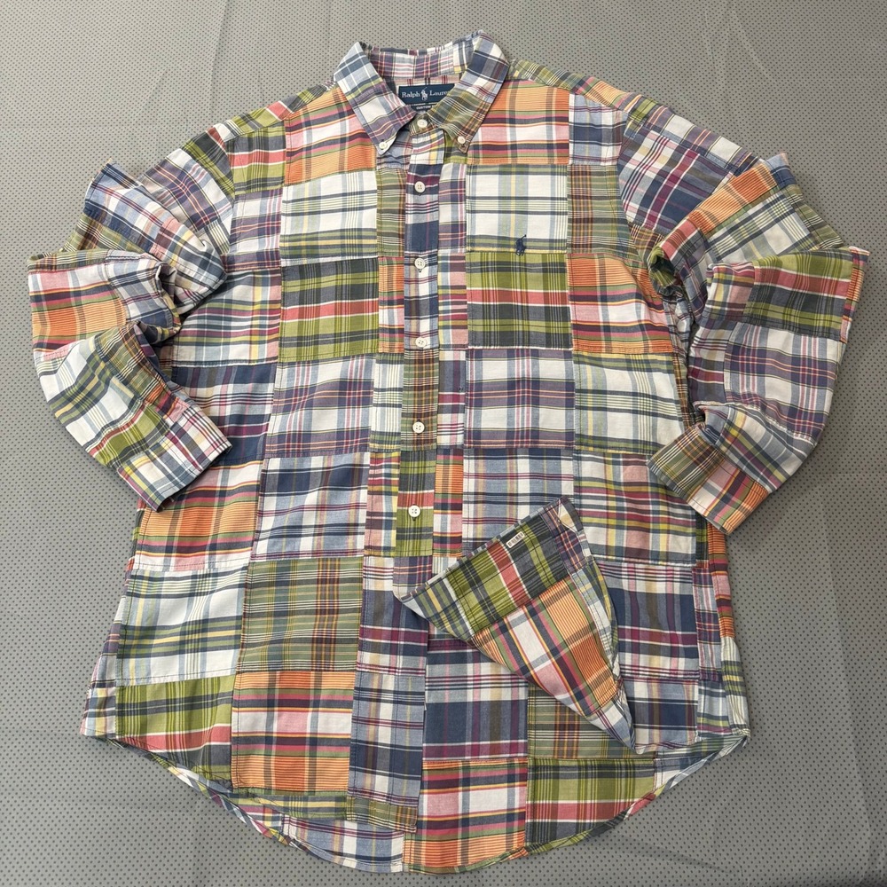 Ralph Lauren Button Down Mens L Multicolor Patchwork Madras Custom Fit Shirt